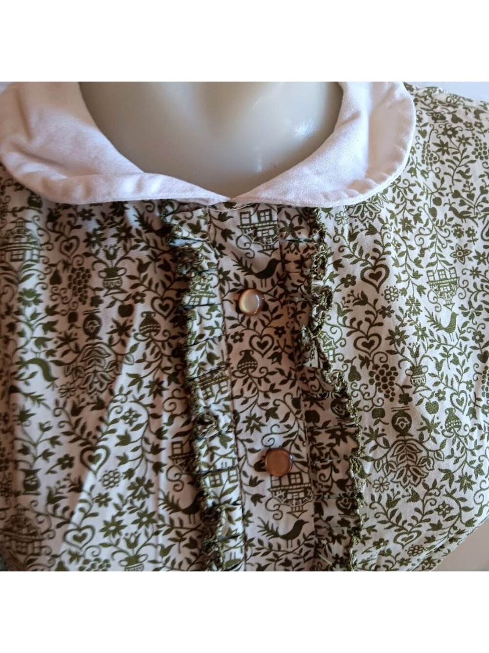 True Vintage Dress 1960's sz 8 1OF1 Green Mod Floral Button-Up Ruffle Country